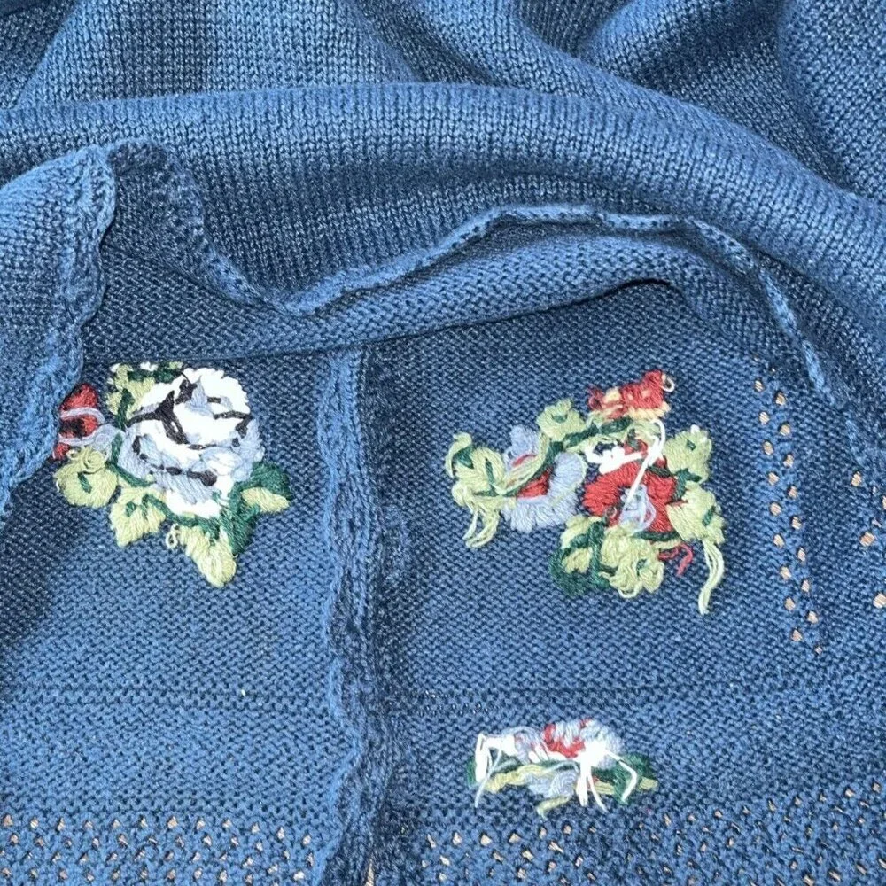 Capacity Woman Blue Embroidery Floral Rose Button Petite Medium Cardigan Sweater - Picture 15 of 15